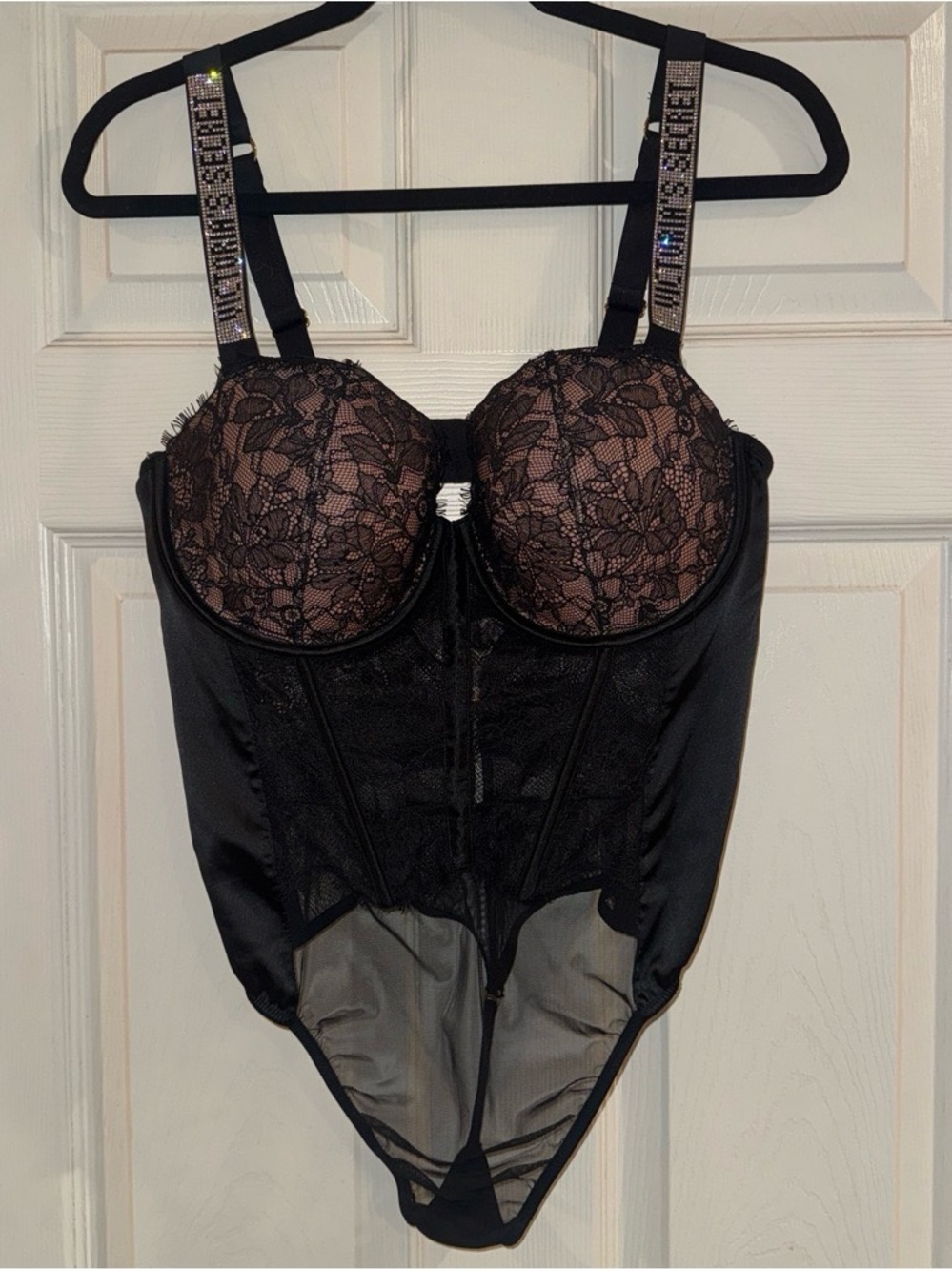 Victoria's Secret Black Lace Bustier Bodysuit with Embellished Straps